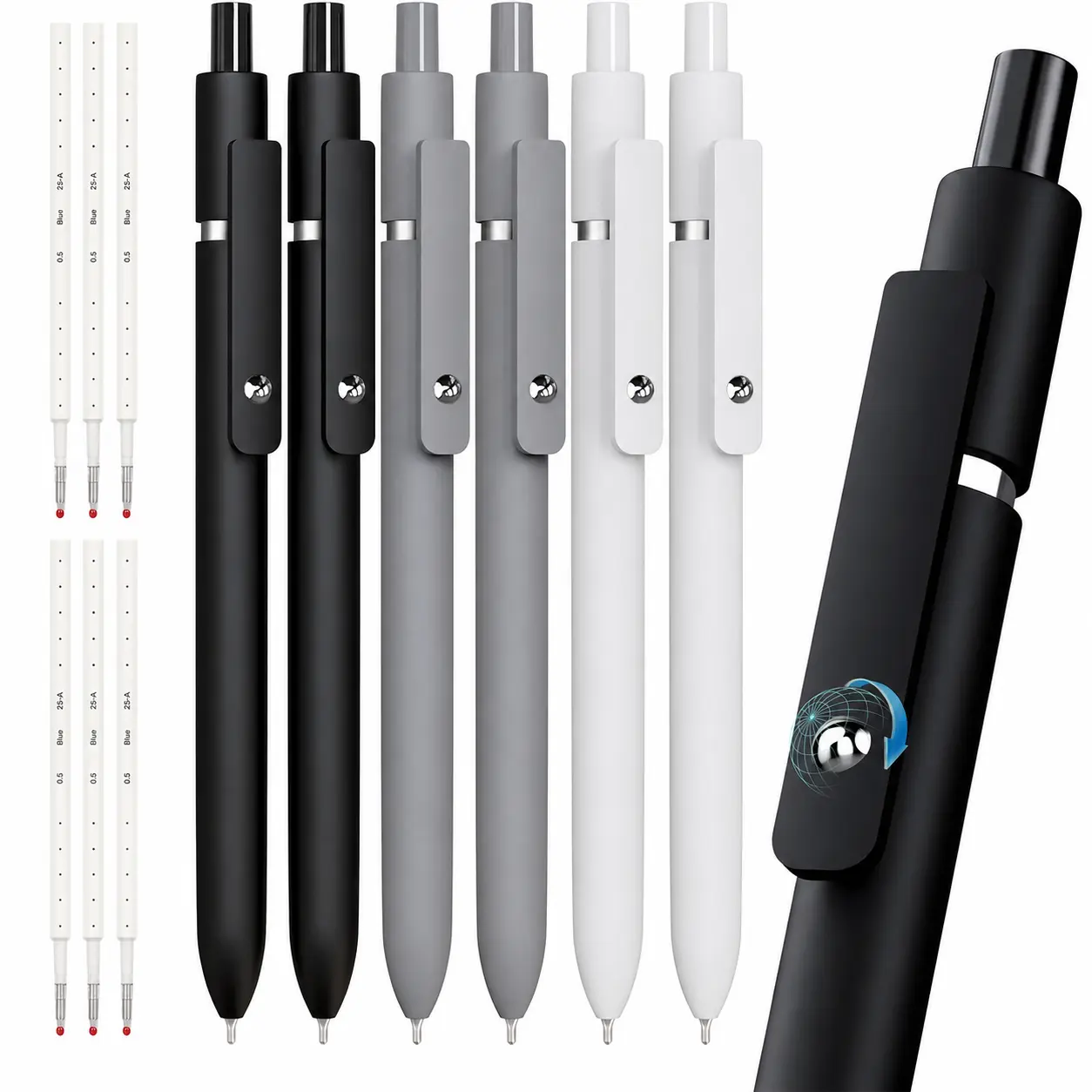12-Piece Gel Pen Set,  6 Black Gel Pens with 6 Blue Refills, 0.5mm Retractable Pens, Quick-Dry Smooth Writing Pens for Office, Note Taking, School, College & Teachers