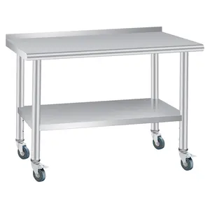 Stainless Steel Prep Table, 30 * 24/36*24/48*24 /60*24Inches, with Backsplash, Adjustable Undershelf and 4 Caster Wheels, Commercial Heavy Duty Table with Adjustable Under Shelf for Outdoor Use,Restaurants,Hotels,Works