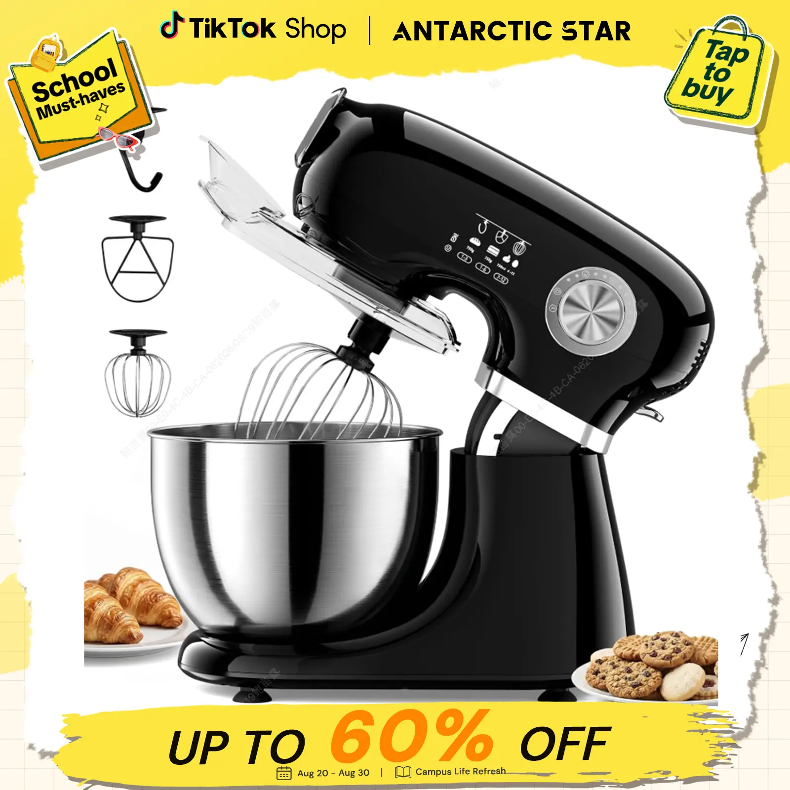5.5QT Stand Mixer, 12 Speeds Tilt‑Head Electric Commercial Stand Mixer, 3‑In‑1 Kitchen Mixer with Bowl, Dough Hook, Whisk and Beater, for Baking Bread, Cakes, Cookies, Black