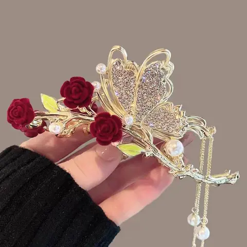 Fashion Rhinestone Decorated Butterfly Design Hair Claw for Valentine's Gift for Women, Elegant Flower Design Hair Claw Clip for Party, Fashion All-match Kawaii Hair Accessories, Prom Mom Hair Clip Original, Butterfly Clips, Decorative Hair Clips