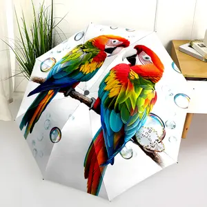 1 PC Automatic Folding Umbrella - Colorful Parrots with Bubbles Pattern, Portable & Foldable Design with 8 Ribs, Merry Christmas Pattern,Casual Outdoor Accessory Halloween and Christmas Birthday Gifts. D00197
