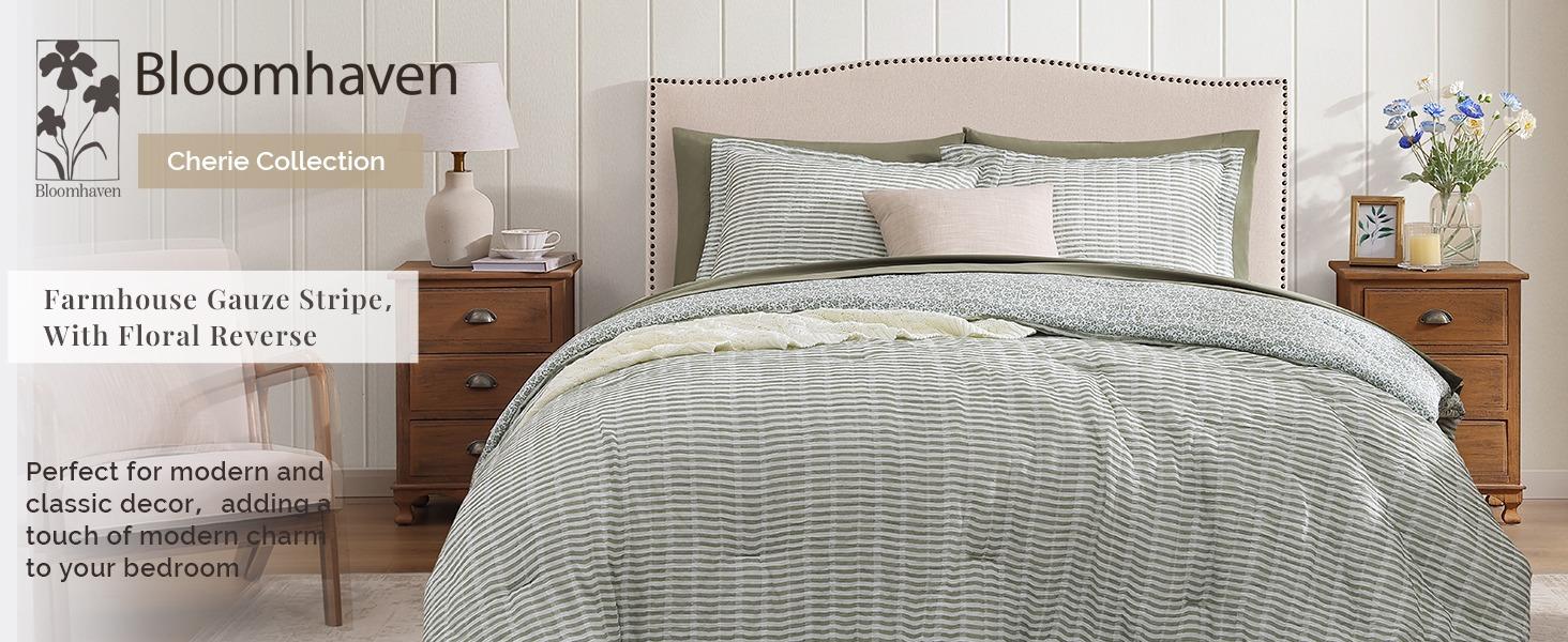 Full Comforter Set - 7 Pieces Green Gauze Muslin Bedding Sets for All Seasons, Lightweight Breathable Bed in a Bag Full with Revesible Farmhouse Comforter, Sheets, Pillowcases & Shams Full Comforter Set - 7 Pieces Green Gauze Muslin Bedding Sets for All Seasons, Lightweight Breathable Bed in a Bag Full with Revesible Farmhouse Comforter, Sheets, Pillowcases & Shams