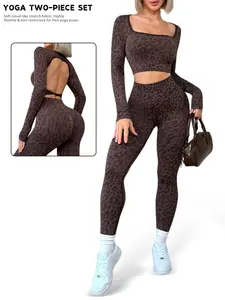 Women's Two-Piece Set, Long Sleeve Backless Top, High Waist Tummy Control Leggings, Leopard Print Sportswear Set Yoga Activewear, Fitness Apparel for Fitness & Sports, Athletic Sets
