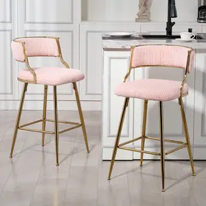 (SET of 2) 26" Counter height bar stools Corduroy kitchen island counter bar stool with back, golden chromed base and footrest (PINK)
