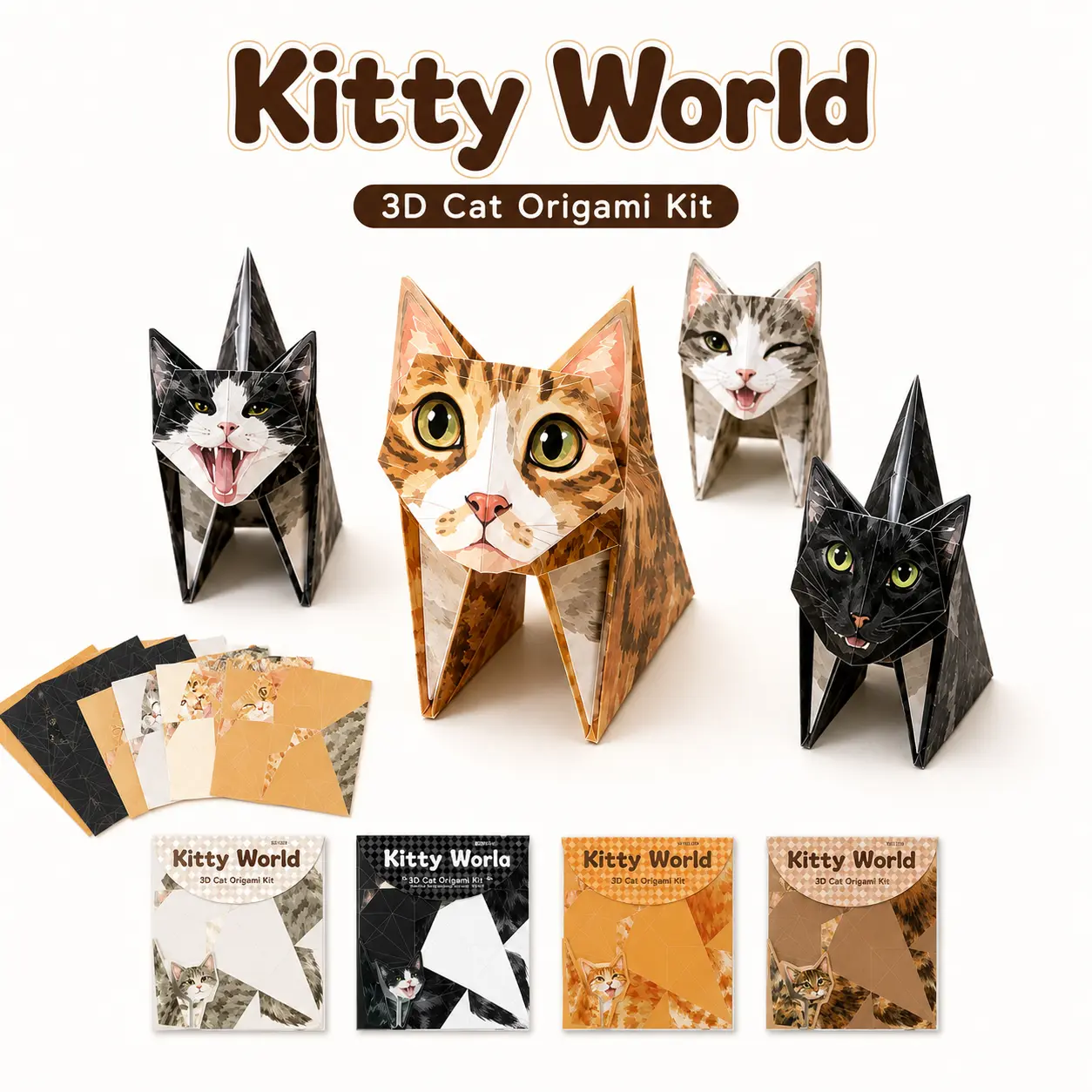 2026 Upgraded Kitty World 3D Cat Origami Kit, 15PCS/60PCS DIY Paper Craft Set with 4 Styles and Different Cat Expressions, Fold-Your-Own Cat Desk Decor Gift