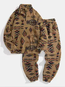 Men's Ethnic Style Plush Print Hoodie Set, Soft Comfortable Fabric, Casual Sportswear for Daily Wear & Outdoor Activities
