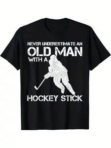 Men'S Funny Hockey Goalie T-Shirt| "Never Underestimate an Old for man with a Hockey Stick" Graphic Tee - Heavyweight 180gsm Crewneck Shirt - Heather Gray, Machine Washable, Casual Sports Apparel, Bold Print Design, Comfortable Fabric
