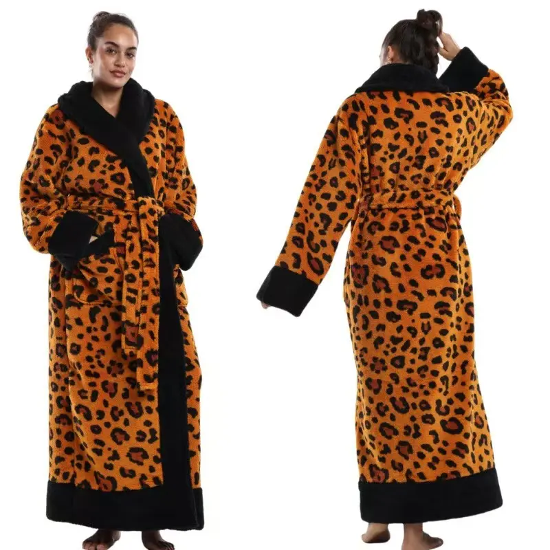 Leopard Print Dressing Gown for Women & Men, Long Flannel Robe with Belt, Unisex Winter Loungewear, Soft Warm Sleepwear, Full Length Night Robe for Home, Bedroom, Relaxing and Everyday Wear