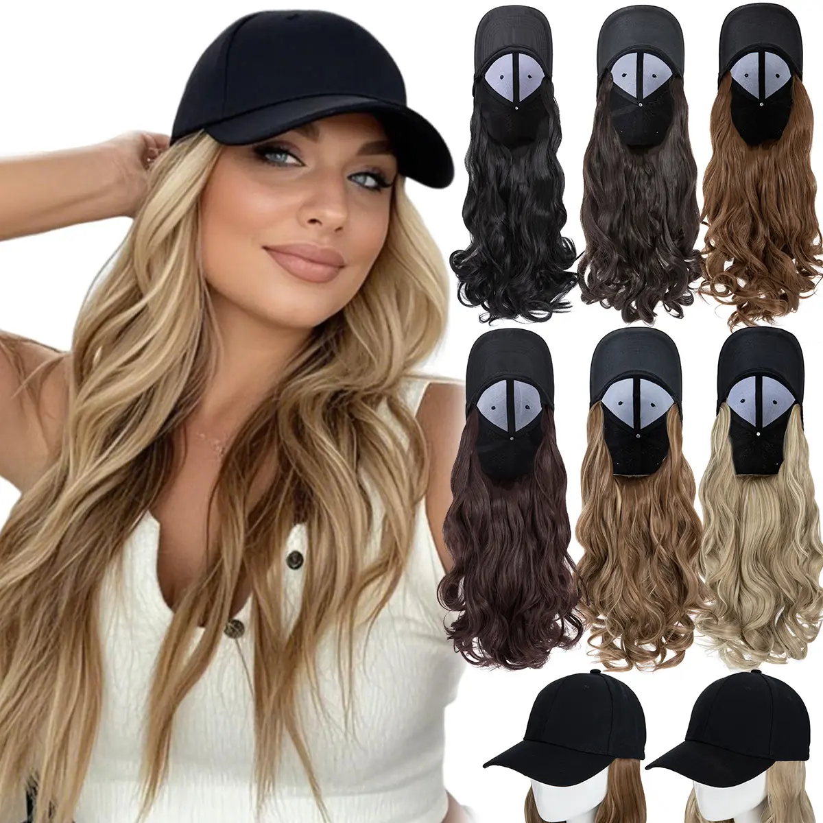 Women's 16in Blonde Baseball Cap Wig, Natural Wavy Synthetic Hair Extensions, Adjustable-Fit Full Machine Wig for Daily Use, Blonde Hair Wig