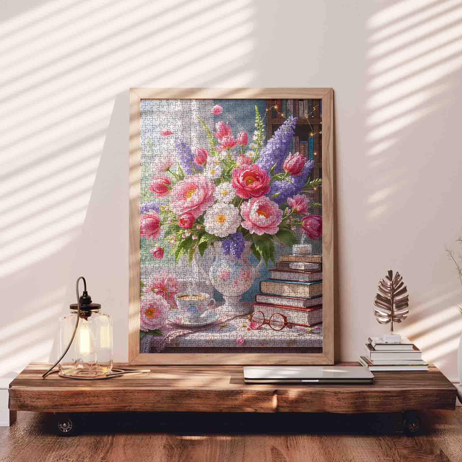 Tucocoo Romantic Flower Arrangement with Books 1000 Pieces Jigsaw Puzzle for Adult, pink blooms in vase beside stacked books warm light cozy reading scene, relaxing hobby brain training family fun decorative wall art gift 27.5x20inch 70x50cm