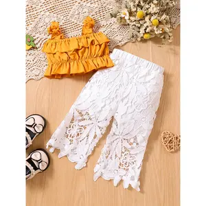 Two-Piece Set Baby Girl Summer Outfit, Square Neck Sleeveless Tops and Solid Color Pants, Polyester, for Newbor, for Outdoor