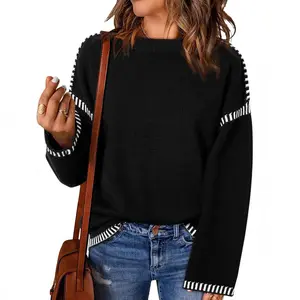 Women Fashion Solid Crewneck Loose Fit Long Sleeve Contrast Cable Knit Pullover Sweater Jumper Tops