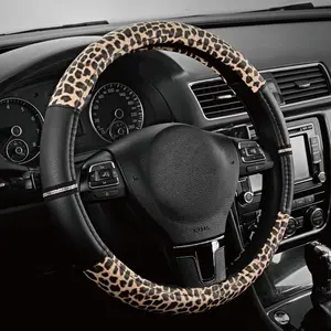 Women's Leopard Bling Steering Wheel Cover 15" - Non-Slip Grip, Sun & Sweat Shield, Fashion Car Accessory w/Rhinestones