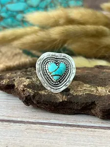 Handmade Sterling Silver Mint Dahlia Collection: Adjustable Heart Ring "Signed Nizhoni"