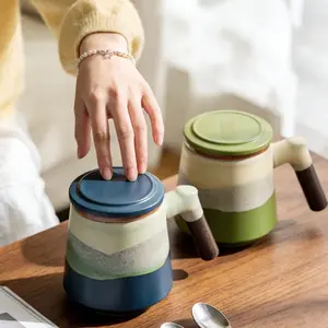 450ML Ceramic Mug with Lid and Filter, Wooden Handle Gradient Color, Creative Tea Cup for Breakfast Milk Latte Cappuccino Cocoa Coffee Beverage