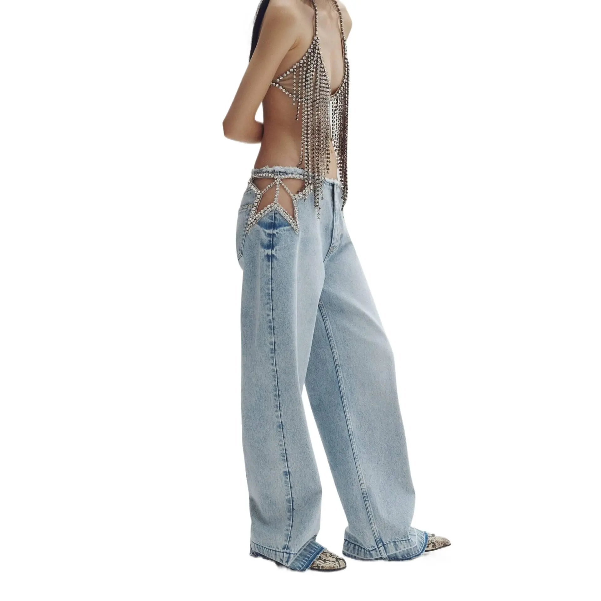 Women's Rhinestone Low-Rise Wide-Leg Jeans - Lightweight Fitted Washed Denim Longline Pants with Crystal Embellishment, Spandex Graphic Summer Streetwear for Festival Concerts, Black Blue Casual Cotton Bottoms, Comfortable, Statement, Style, Street Wear,,