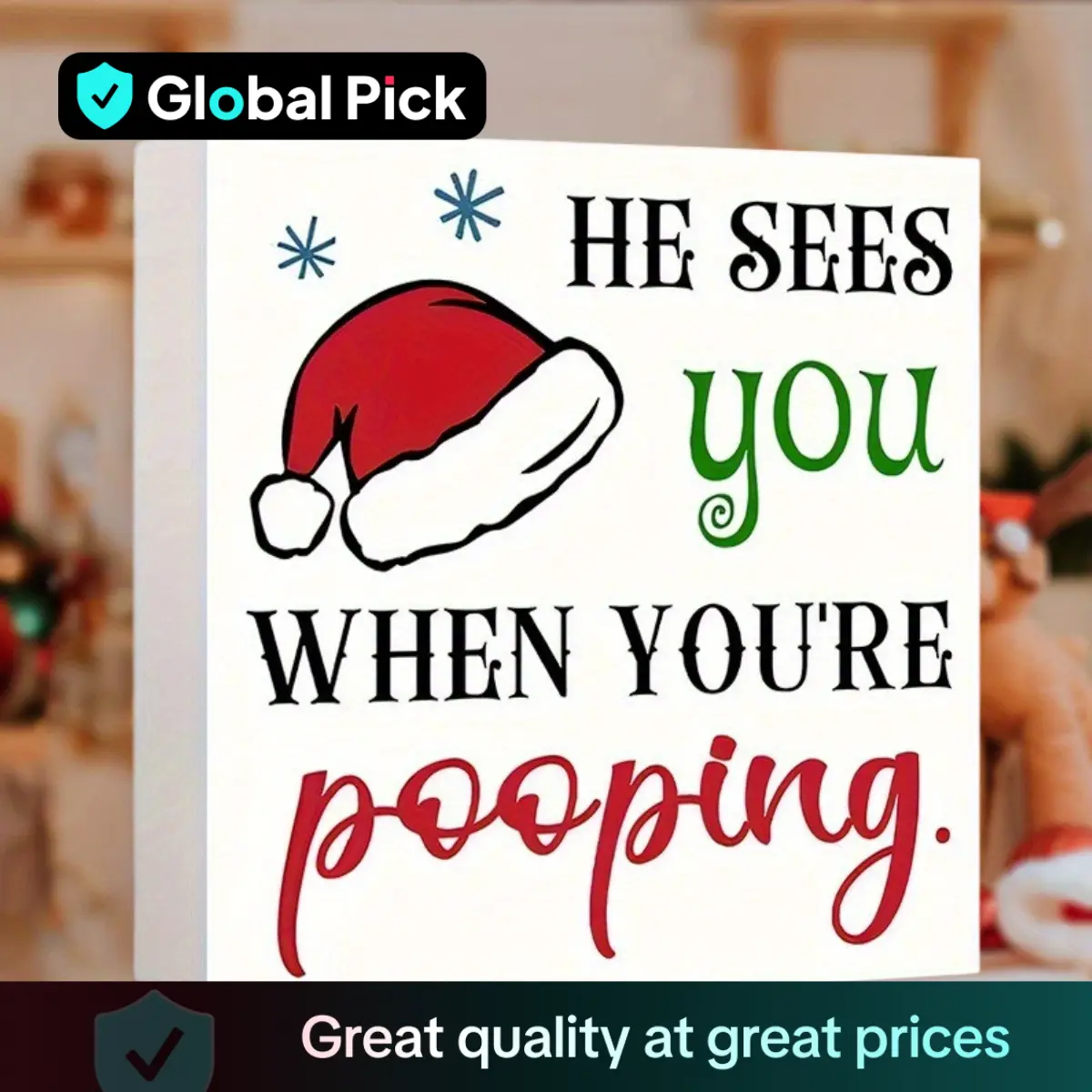 Merry Christmas Themed Desktop Ornament, 1 Count Letter & Santa Hat & Snowflake Pattern Home Decor, Party Art Decorations Supplies for Home Office Bar