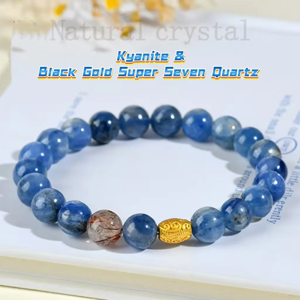 Kyanite 8mm Natural Crystal Blue Beaded Bracelet - Handmade with Black Gold Super Seven, Premium Grade Stretch Gemstone Bracelet, US