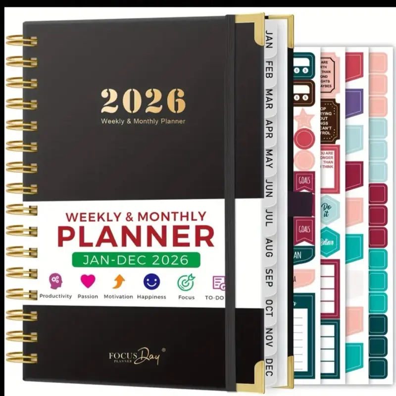 Focus Day 2026 Weekly & Monthly Planner 8.4" X 5.7" Jan-Dec 2026 Calendar Book with Ruler To Do List Notes Pages 4 Planning Stickers Spiral Bound Daily Agenda for Time Management