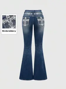 High-Quality Luxury Embroidered Rhinestone Elastic Deep Blue Flare High Waisted Jeans for Women, Stylish Denim Jeans, Comfortable and Trendy