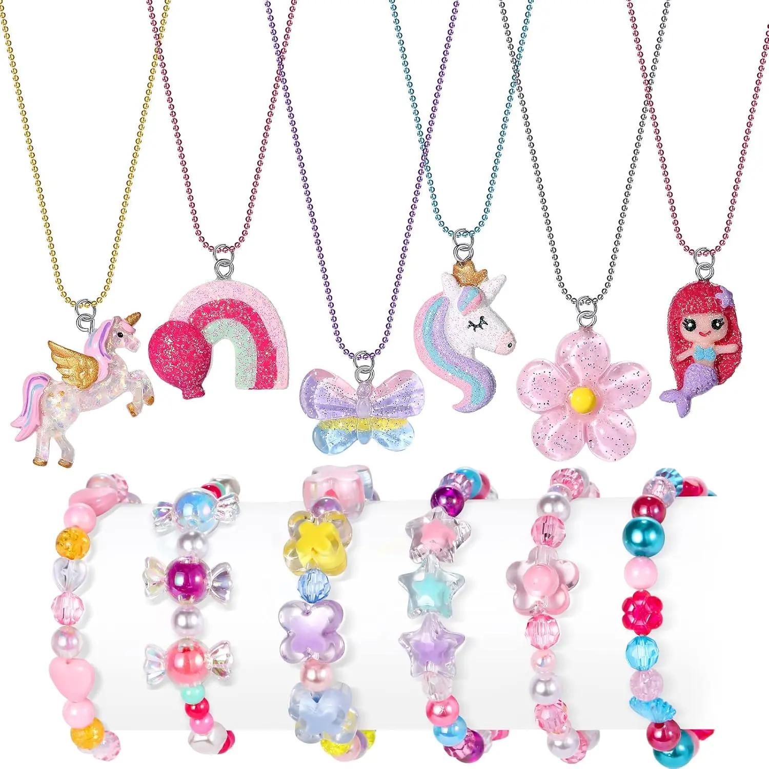 12-Piece Girls Jewelry Set, Cute Beaded Bracelets and Necklaces with Unicorn, Mermaid & Rainbow Charms, Adjustable Friendship Gifts for Party Favors, Princess Birthday Party & Christmas, Halloween, Kids Party Favors