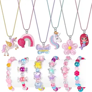 L-JLY011 12 Pcs Kids Bracelet Necklace for Girls Unicorn Mermaid Beaded Bracelets Toddler Cute Charm Play Jewelry Set Little Girls Colorful Friendship Dress up Gifts