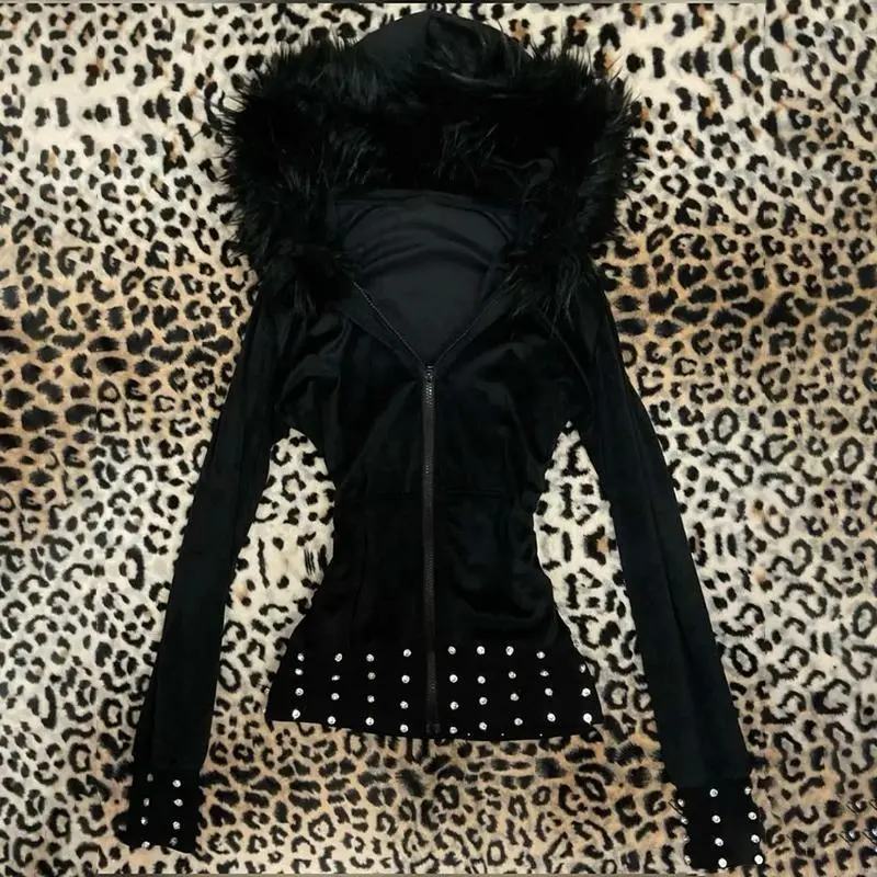 Y2K Harajuku Aesthetic Women's Fur Collar Hoodie Sexy Slim Chic Casual Solid Color Cardigan Sweatshirt Goth Punk Rock Streetwear