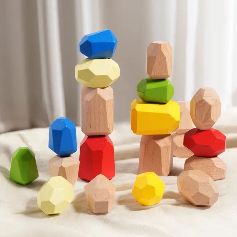 Wooden Simulation Stone Stacking Blocks Set, Stacker, Focus Training Toy, Montessori Early Education, Creative Building Game, Tower Stack Game, Ideal Gift for Kids
