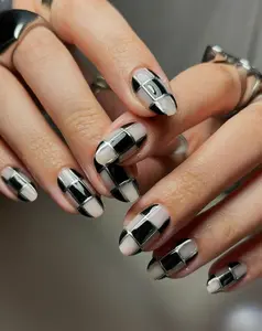 silver chrome checkerboard Press On Nails: Handmade custom Gel Nails
