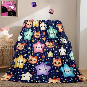 Star Blanket for Kids Girls Boys  Star and Cat Print for Bed Soft Blanket for Adults Warm for Couch, Blue