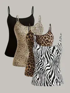 Women's Plain / Zebra Stripe / Leopard Print Cami Top Casual Spaghetti Strap Sleeveless Top for Summer, Ladies Clothes for Daily Wear, Casual Sleeveless Crop
