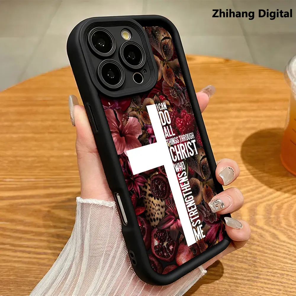 Silicone Smartphone Casing - Creative Flower & Bible Cross Pattern, Shockproof, Sleek, Lightweight Cover for iPhone 17 Air,16 Plus,15 Pro Max,14,13,12,11 - Handheld Cellphone Devices Accessory