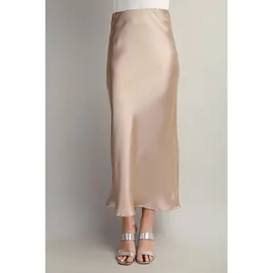 Waist Elastic Band Midi Satin Skirt - Comfortable Polyester Fabric, Elegant Style for Women Casual Elegance Evening Day Minimalist Piece Womenswear