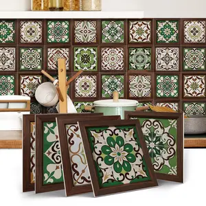 12/24PCS/Box ART Moroccan Green & Brown PE Crystal Tile Stickers, Waterproof Oil-Proof for Kitchen & Bathroom