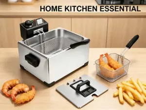 Industrial Deep Fryer 5L Large Capacity Electric Frying Pot with Visual Operation & Adjustable Temperature for French Fries & More - Stainless Steel, Mesh Basket, LED Display, Auto Shut-Off