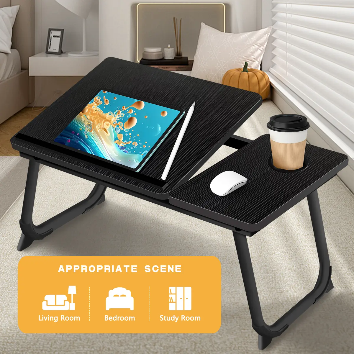 Adjustable Laptop Desk Stand - Carbon Steel Folding Laptop Table (37x32cm), Ergonomic Bed/Sofa Tray with Cup Holder, Black & White Optional (Angle Adjustment Feature)