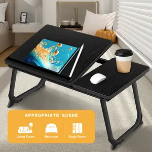 Adjustable Foldable Laptop Desk, Ergonomic Bed Tray Table with Cup Holder, Portable Lap Desk for Sofa/Bed Use, Black & White Optional