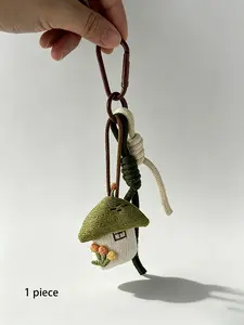 Little House & Mushroom Bag Charm Handmade 3d Fabric Embellishments Braided Cord Embroidery Keychain Two-Tone Spliced ​​Woven Lanyard Multiple Colors Available Forest-Inspired, Healing Pastoral Style Gifts For Friends / Holiday Gifts
