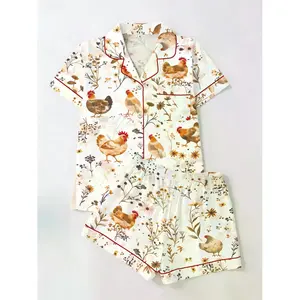 Charming Farmhouse Rooster Floral Print Two-Piece Short Sleeve Top & Shorts Set, Vintage Country Style Women's Casual Sleepwear Loungewear Pajama Outfit