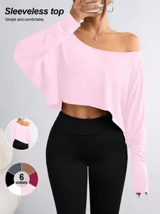 Sexy One-Shoulder Long Sleeve Top, Loose-Fitting Plain Basic T-Shirt, American Style, Womenswear, Spring & Fall, Daily Wear, Trendy, Chic and Versatile