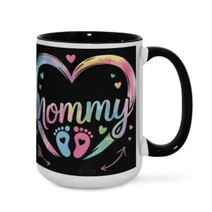 Jasen Home 15oz Double Color Ceramic Mommy Mug - Washable, Dishwasher Safe, Microwaveable Mugs with Cute Baby Footprint Design - Drink Ware Gift for Moms, Coffee Lovers