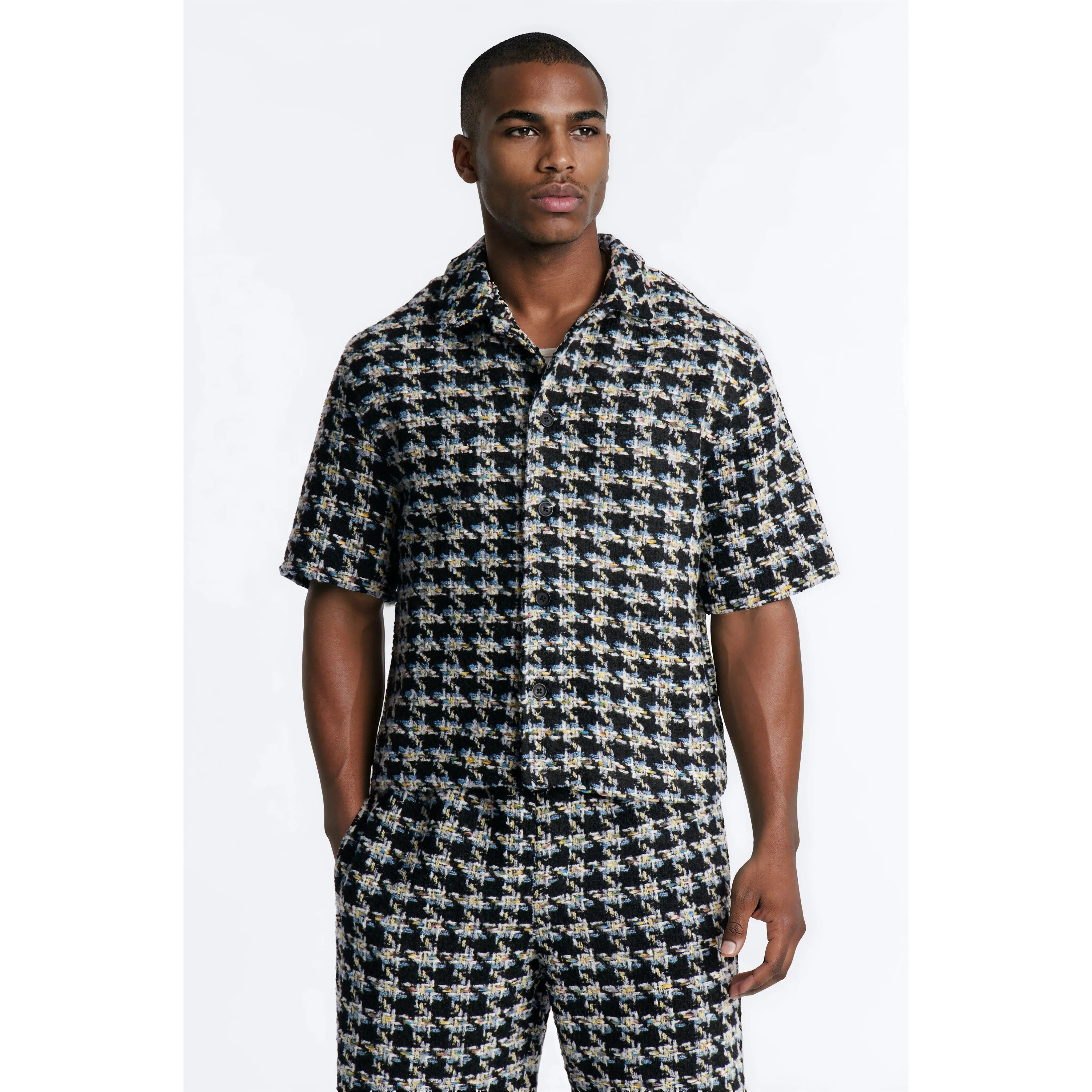 Cropped Relaxed Textured Boucle Houndstooth Button Up Shirt - Black