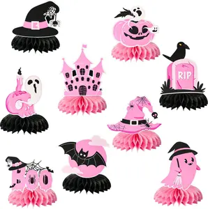 9pcs Halloween Honeycomb Centerpieces, Pink Black Halloween Table Paper Centerpieces Pumpkin Ghost Bat Witch Hat Halloween Baby Shower Decorations for Girls Birthday Table Toppers Decor