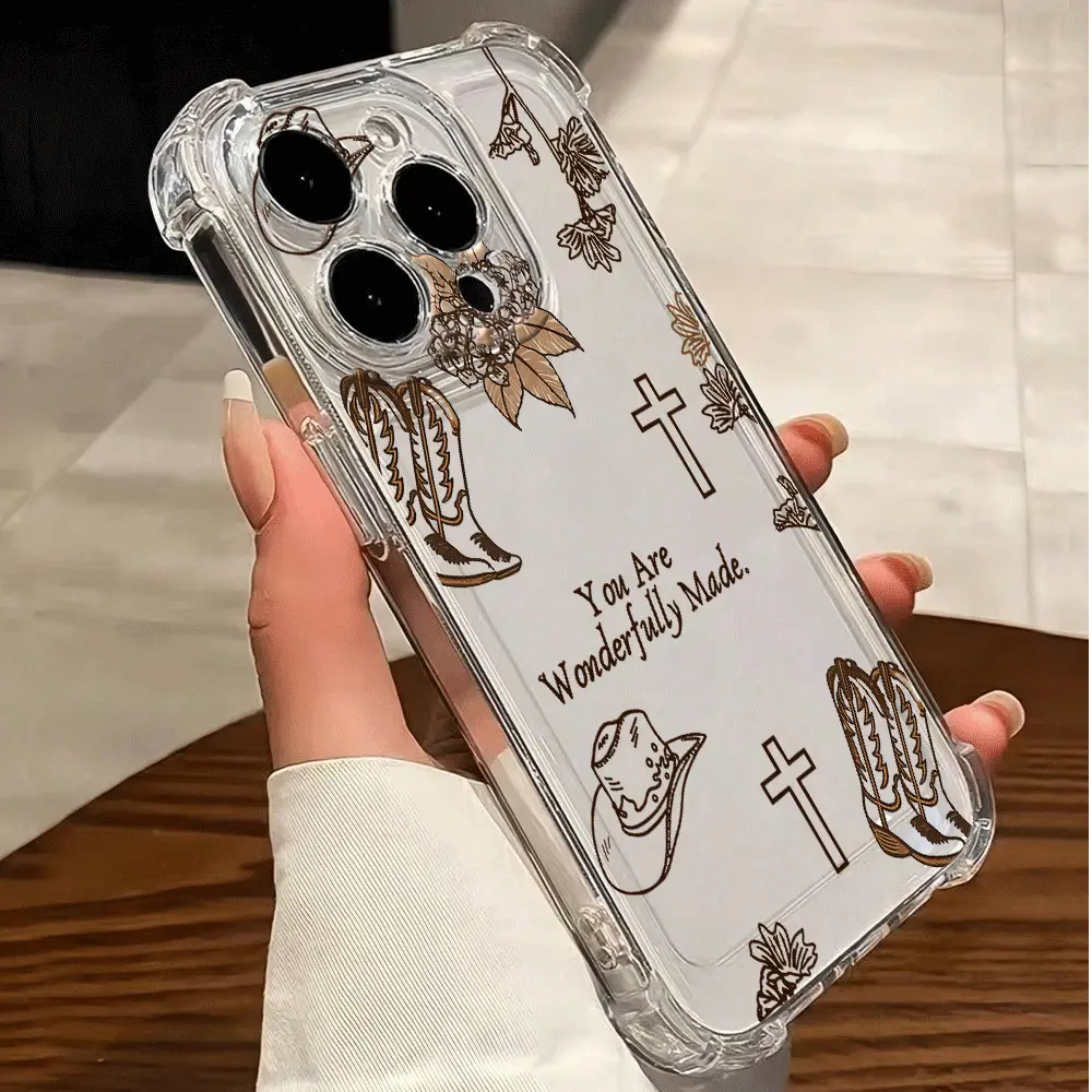 Transparent Four-Corner Shockproof Phone Case,cowboy hat cowboy boots flowers cross You Are Wonderfully Made Compatible with iPhone 17/17 Air/17Pro/17ProMax/16ProMax/15/13 Soft TPU Shockproof Protective Case Durable Protection