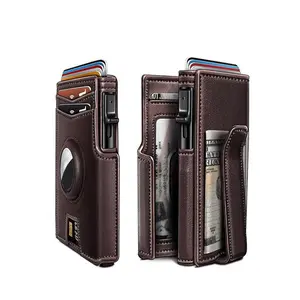 Men's  Small Wallet: Metal Automatic Card Pop Holder  RFID Anti-Theft, AirTag Compatible (ID Case + Credit Card Clip) wallets men black leather