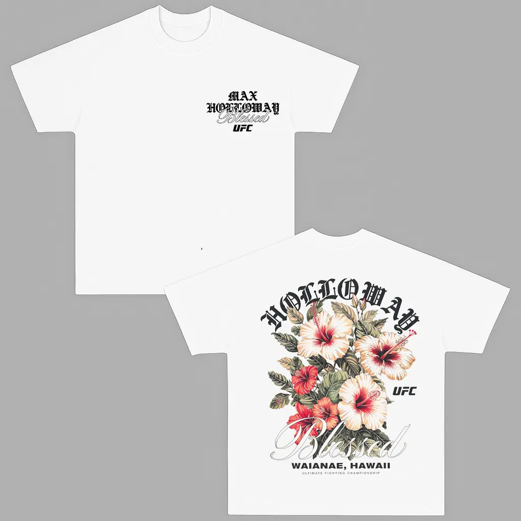 Men's Max Holloway Hibiscus UFC Graphic T-Shirt - Short Sleeve Crew Neck Soft Cotton Streetwear Top, American Made MMA Fightwear Prints Apparel, Perfect Gift for Sports Fans