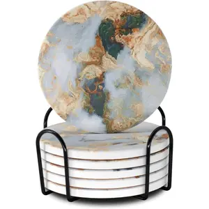 White Marble Ceramic Coasters with Holder Absorbent Drink Coaster Set Outdoor Round Abstract Cute Table Decorative Coffee Cup Beverage Fun   Bar  Housewarming 6 Pack