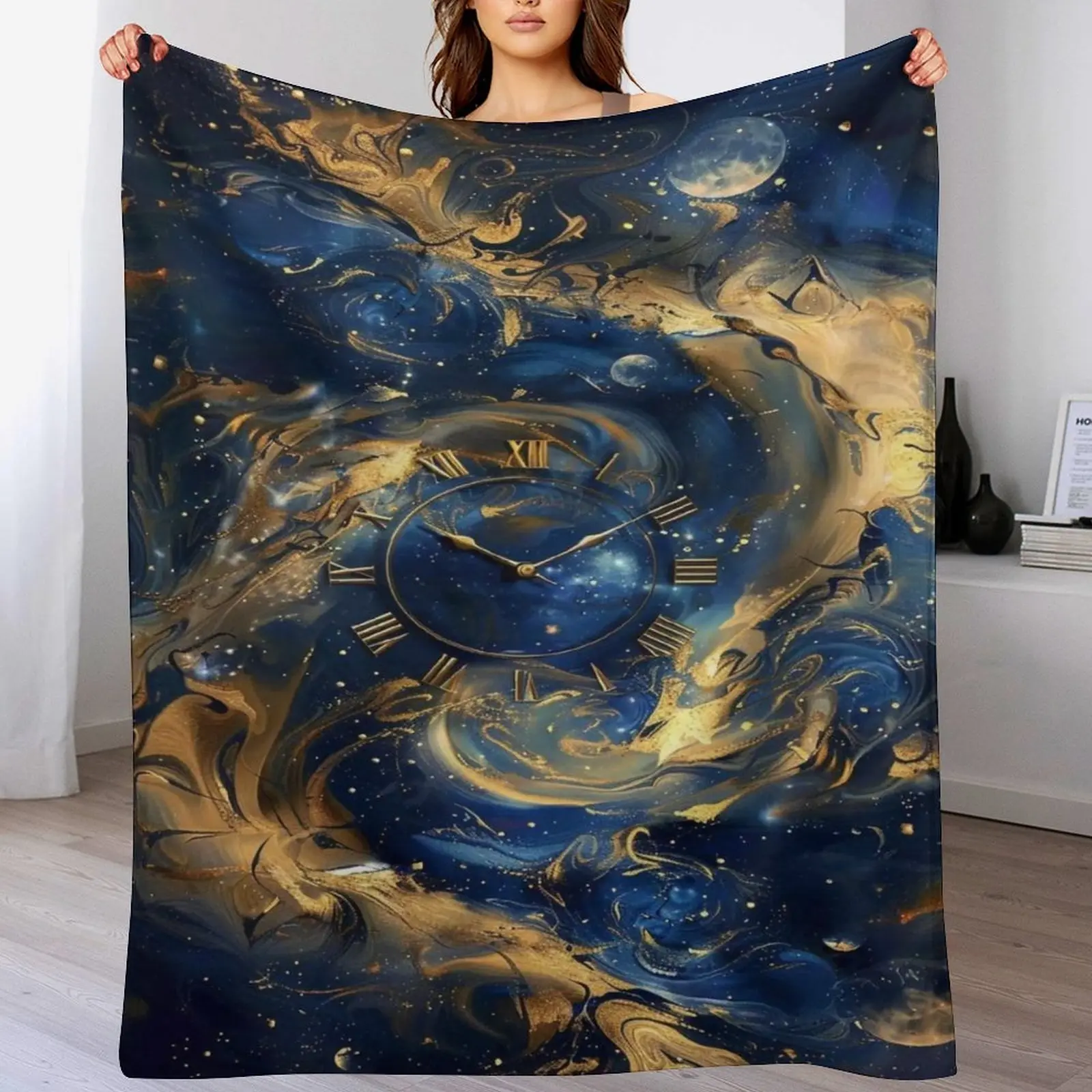Van Gogh Art Inspired Celestial Clock Warm Fleece Tapestry - Blue-Gold Marble Galaxy Swirls Throw, Soft Flannel Fluid Design, Decorative Modern Indoor/Outdoor Wall Aesthetic Home Decor Hanging Accent
