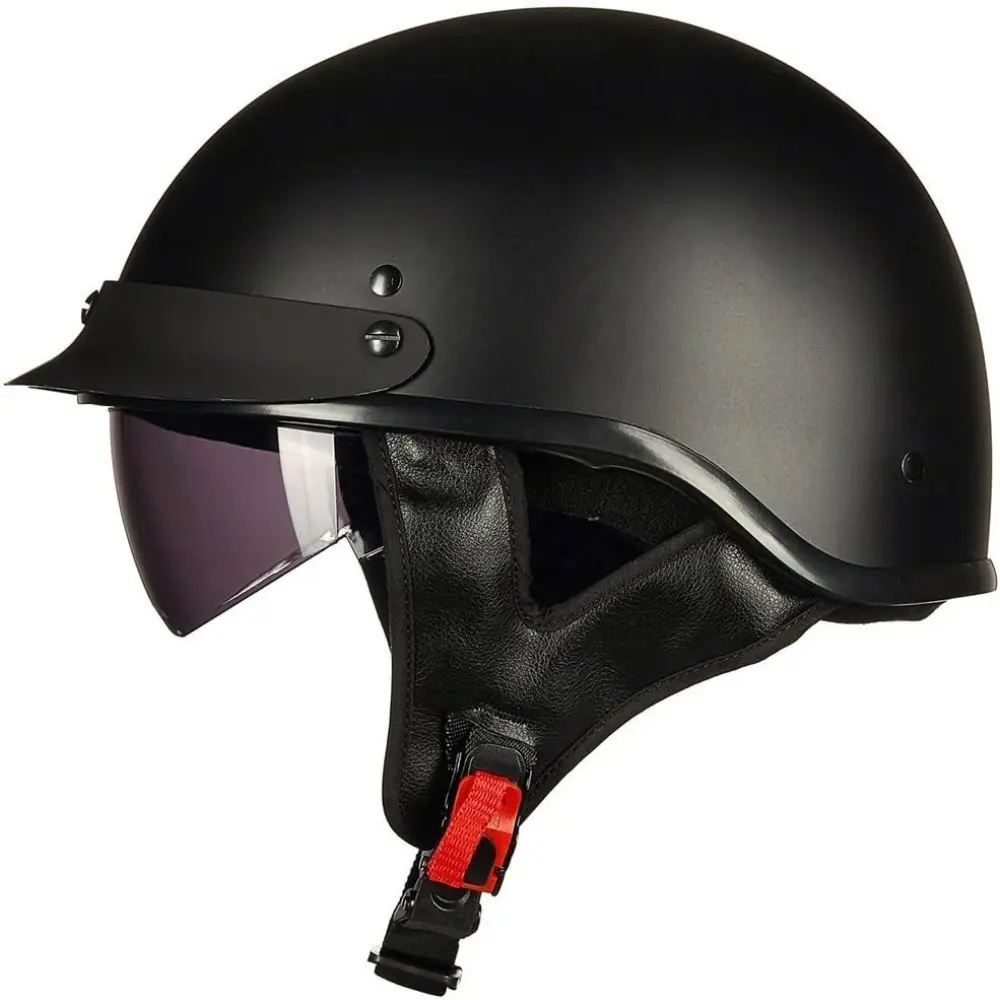 Unisex DOT Approved FMVSS 218 ABS Shell Motorcycle Half Helmet - Open Face, Equipped with Visor, Chin Strap, Release Buckle - For Motocross (M, Matt Black), Motorcycle Riding Helmet