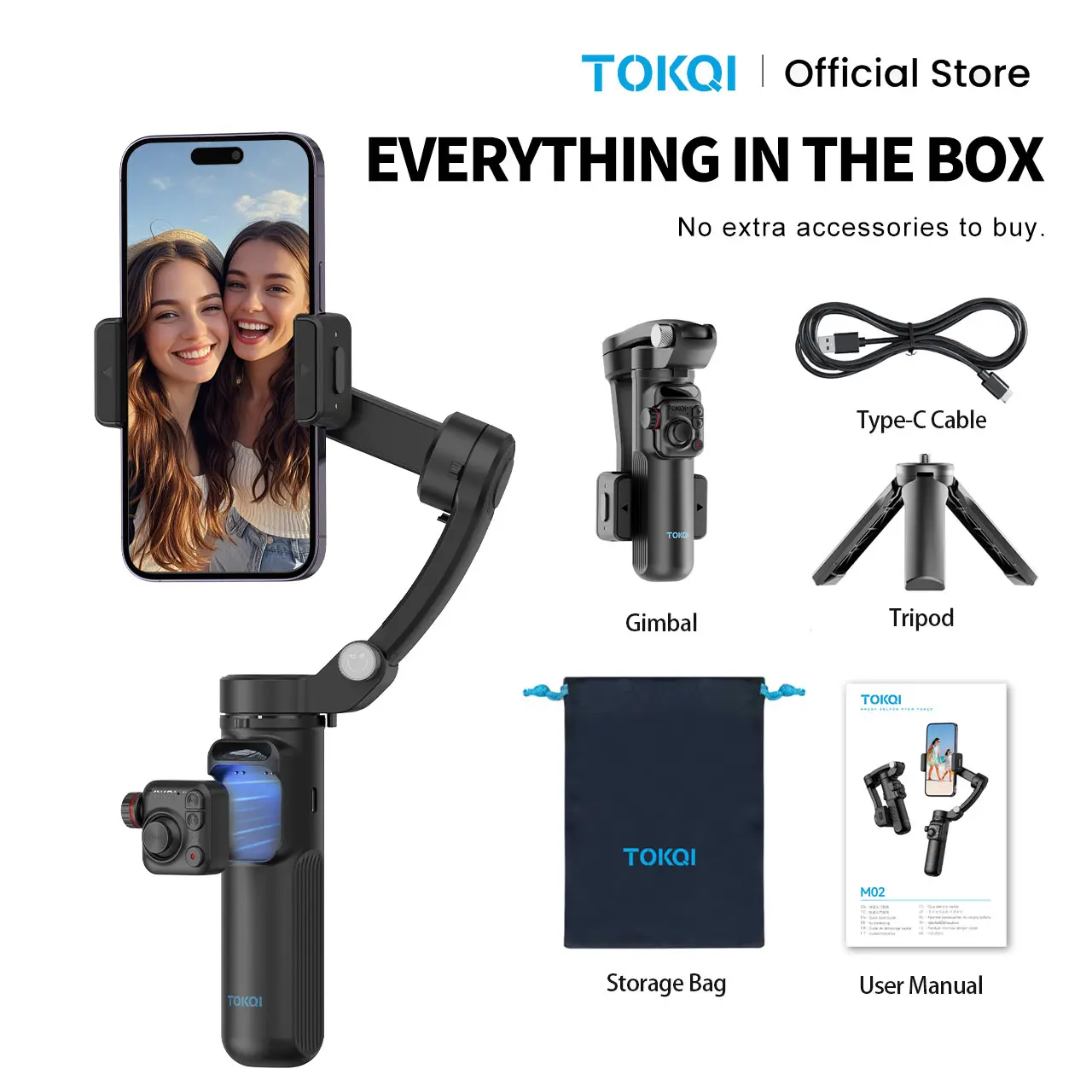 TOKQI M02 3-Axis Smartphone Gimbal Stabilizer with In-App AI Face Tracking, Magnetic Remote & Tripod, Anti-Shake Phone Gimbal with Gesture Control for iPhone 17 & Android, Video Kit for Vlogging, Travel, Live Streaming, Christmas Gift for Creators